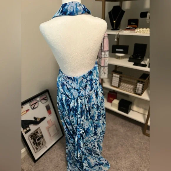 BADGLEY MISCHKA Blue Floral Print Halter Chiffon Maxi Shirt-Dress Gown 20 US